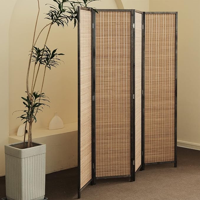 Furnnylane 4 Panel Bamboo Room Divider - 5.6 ft Tall Folding Privacy Screen for Room Separation, Natural Brown Freestanding Partition Wall for Home Office (67" H x 61.4" W)