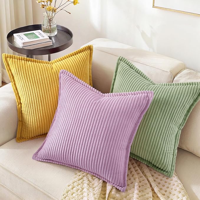 decorUhome Summer Corduroy Lilac Euro Sham Throw Pillow Covers 26x26 Set of 2 Decorative Soft Boho Farmhouse Couch Pillow Covers for Living Room Bed Sofa Broadside Striped Pillow Cases