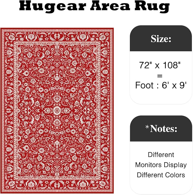 HUGEAR Vintage 6x9 Machine Washable Rugs Red Hallway Large Area Rug Indoor Accent Rug Floral Low Pile Carpet Soft Throw Aesthetic Rug Bedroom Living Room Office Dining Room Kitchen Laundry Room