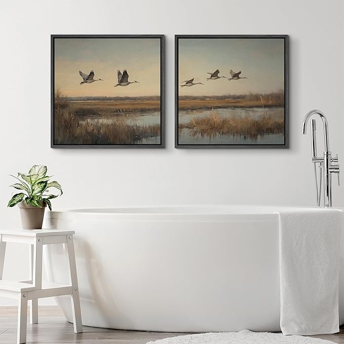 SIGNFORD Framed Canvas Print Wall Art Set Flying Cranes Over Marsh Nature Bird Landscape Illustrations Modern Art Minimal Relax/Calm for Living Room, Bedroom, Office - 16"x16"x2 Black