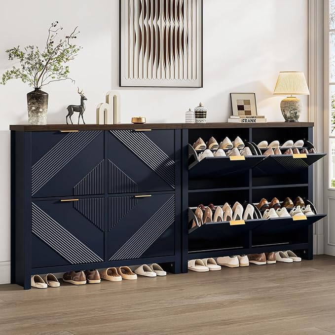 ONBRILL Shoe Cabinet with 4 Flip Drawers, 16-24 Pairs Shoe Organizer with Symmetric Groove Pattern, Freestanding Slim Hidden Shoe Storage Cabinet for Entryway, Hallway (Navy Blue)