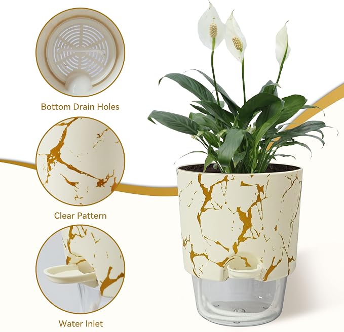 4.8 Inch Self Watering Pots for Indoor Plants 2 Pack, Plastic Modern Decorative Plant Pots with Transparent Water Reservoir, Outdoor Garden Flower Herb Succulent Pot, Marble Printed