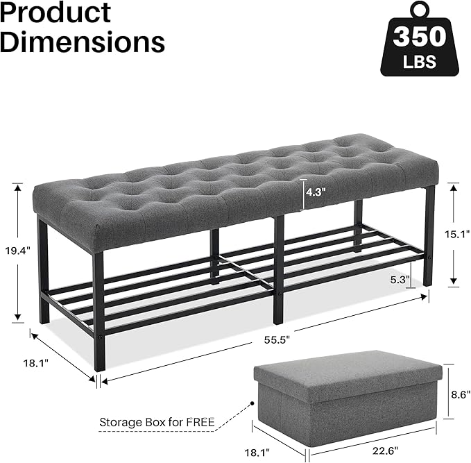 SOFTHION 55.5" End of Bed Bench, Modern Linen Button Tufted Bedroom Bench, Upholstered Storage Shoe Bench with Metal Base, Dinning Table Bench for Living Room, Bedroom, Entryway,Grey