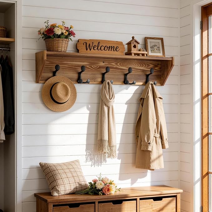 SKOLOO Wall Shelf with Hooks, 35-Inch Coat Rack Wall Mount with Shelf Organizer - Heavy Duty, 5 Tri Hooks - Perfect for Entryway, Hallway, Living Room, Bedroom, Mudroom, Wood Brown & Black