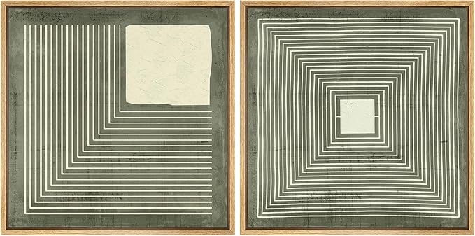 SIGNFORD Framed Canvas Print Wall Art Set Geometric Lines and Square in Green and White Illustrations Modern Art Minimal Relax/Calm for Living Room, Bedroom, Office - 16"x16"x2 Natural