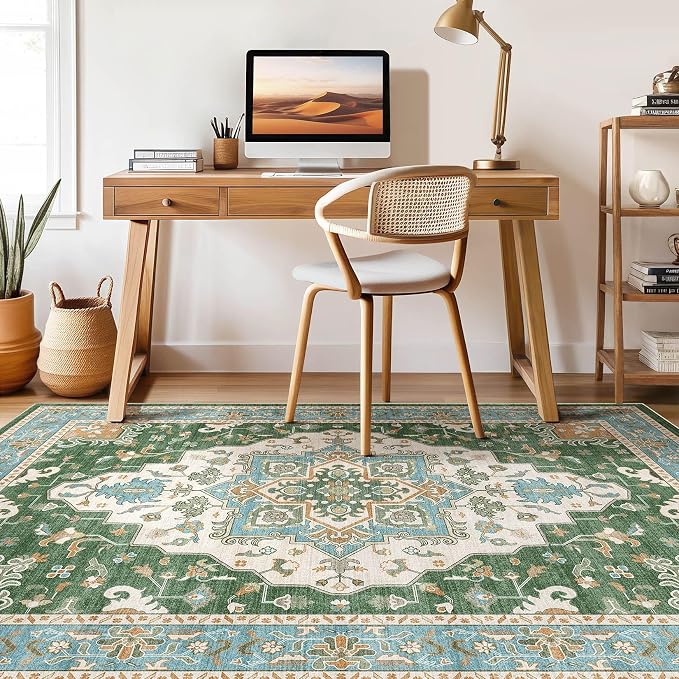 8x10 Area Rugs Living Room: Washable Boho Large Neutral Vintage Soft Rug Stain Resistant Farmhouse Non-Slip Indoor Floor Retro Carpet for Bedroom Nursery Kids Office Dining Room- Green Multi