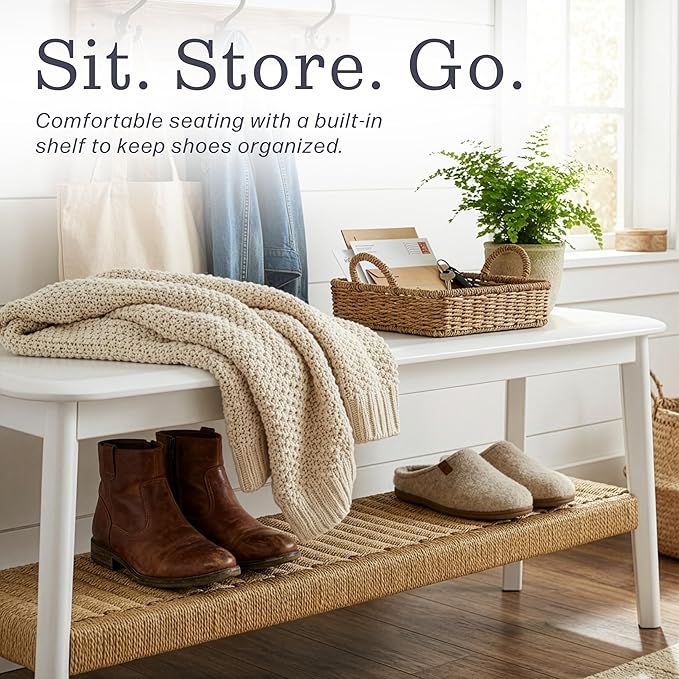 Alaterre Furniture Calais 48 Inch Solid Wood Entryway Bench with Woven Storage Shelf – Mid Century Modern 2-Tier Shoe Bench for Living Room, Hallway or Foyer (White)