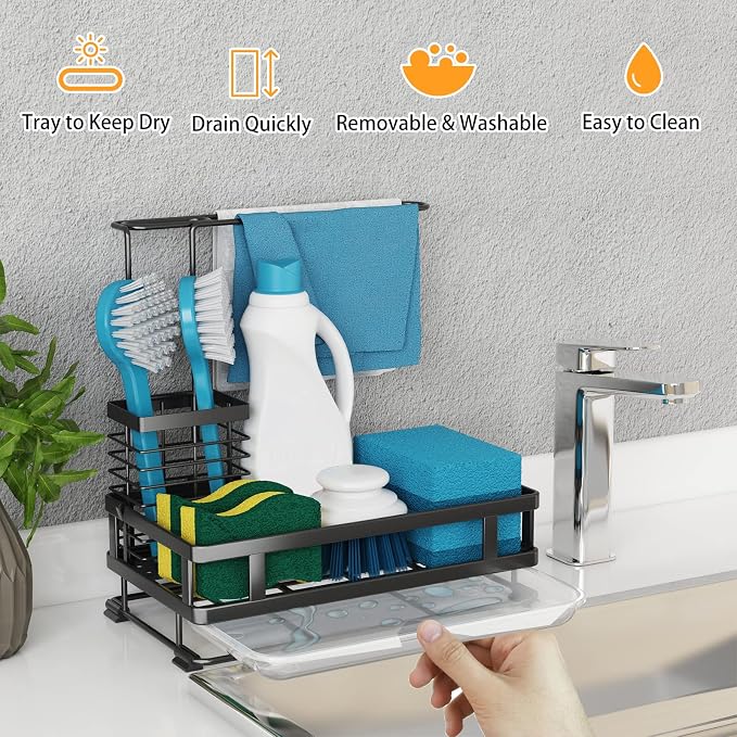 Godboat Kitchen Sink Organizer with Brush Rack | 304 Stainless Steel, Dish Soap Dispenser, Sponge Holder, Sink Caddy with Drain-Pan