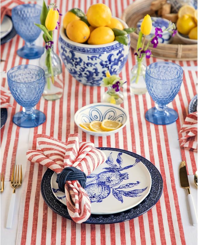 Solino Home Linen Table Runner 48 Inches - Amalfi Stripe 100% Pure Linen Red and White Farmhouse Table Runner 14 x 48 Inch Ideal for Dresser and Coffee Tables - Summer, 4th of July