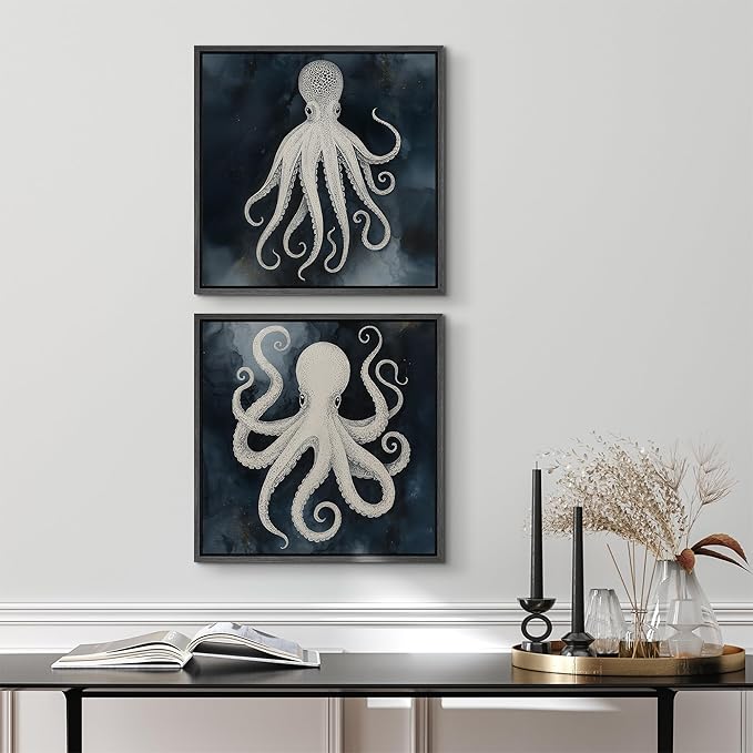 SIGNFORD Framed Canvas Print Wall Art Set Nautical Octopus Illustration Dark Blue Ocean Coastal Modern Art Relax/Calm for Living Room, Bedroom, Office - 24"x24"x2 BLACK