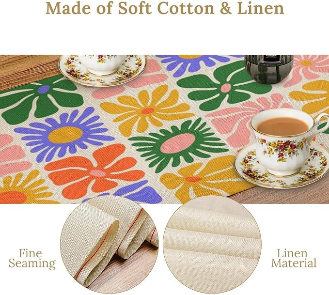 Vintage Hippie Floral Table Runner Boho Retro Groovy Geometric Seasonal Spring Garden Flowers Dinner Runner for Home Kitchen Dining Table Party Holiday Decor 13"x60"