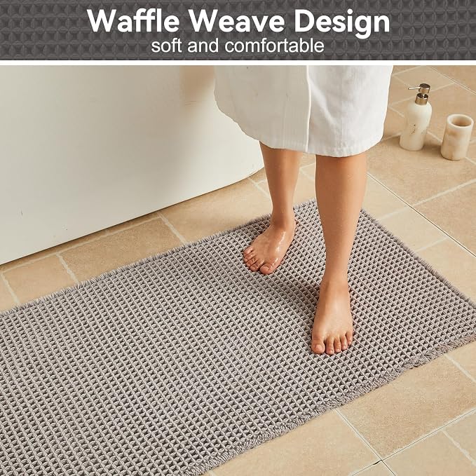 Triohero Waffle Bath Mat, Small Boho Bathroom Rugs Non Slip Washable, Ultra Soft Super Absorbent Quick Dry Farmhouse Bathroom Decor, 16" x 24", Light Grey
