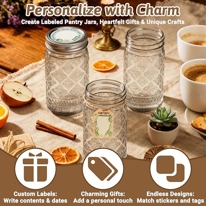 32 oz Mason Jars with Airtight Lids and Bands, 12-Pack with Wide Mouth, Rustic Stickers & Tags, Quart Glass Canning Jars for Pickling, Food Storage, Fermentation,Overnight Oats