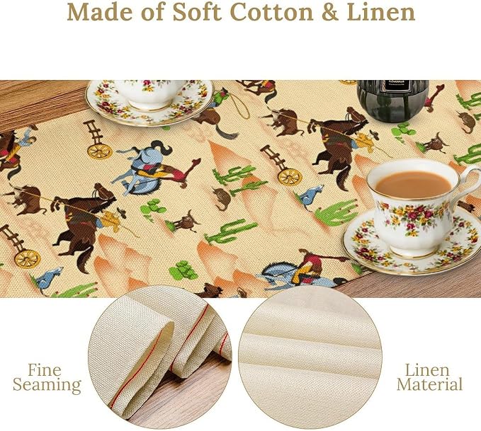 Western Table Runner, Cartoon Cowboy Horse Desert Adventure Rodeo Fun Table Runner for Kitchen Dining Party Picnic Decor, 13x108 Inch