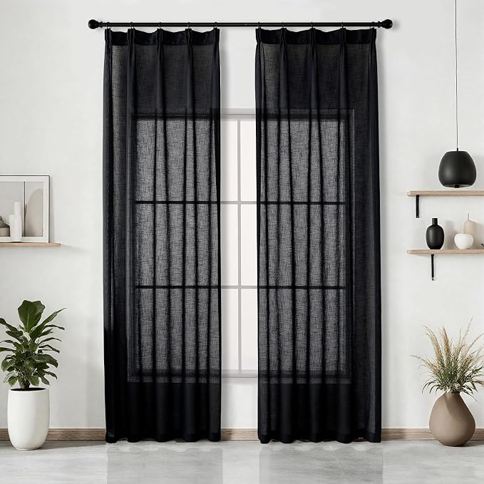 Black Semi Sheer Curtains 108 Inches Long, Linen Textured Light Filtering Curtains & Drapes for Bedroom, Dark Moody Modern Farmhouse Window, Pinch Pleat Floor to Ceiling Curtain with Hooks