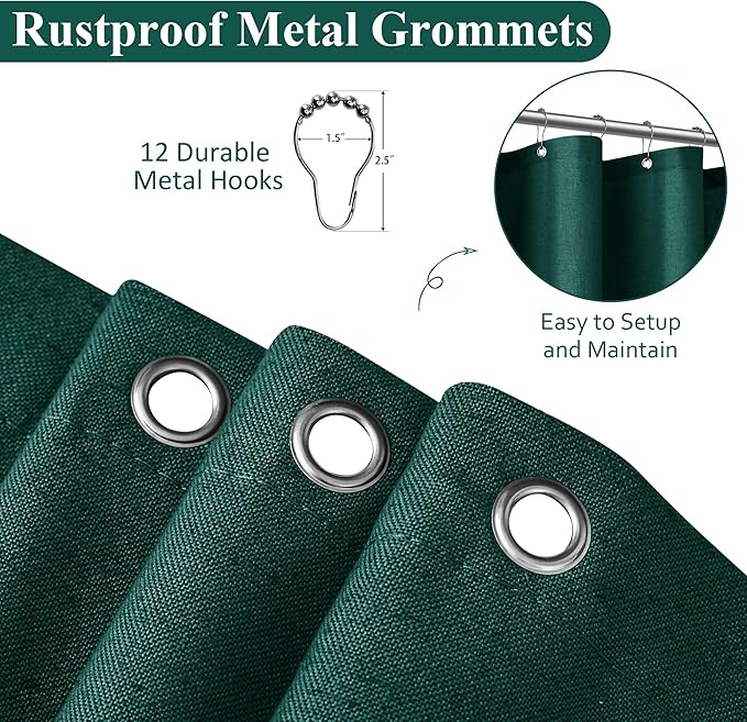 Naturoom Dark Green 48 Inch Shower Curtain - Stall Narrow Half Linen Ultra Thick Fabric Shower Curtain Set with Hooks, Boho Farmhouse Rustic RV Camper Bath Curtains for Bathroom, 48x72