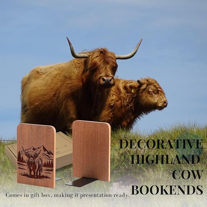 INNObeta Decorative Wooden Book Ends, Animal Bookends, Heavy Duty Bookends for Shelves Unique Design(1 Pair, 4.72x6.69 Inches) - HighlandCowScenery