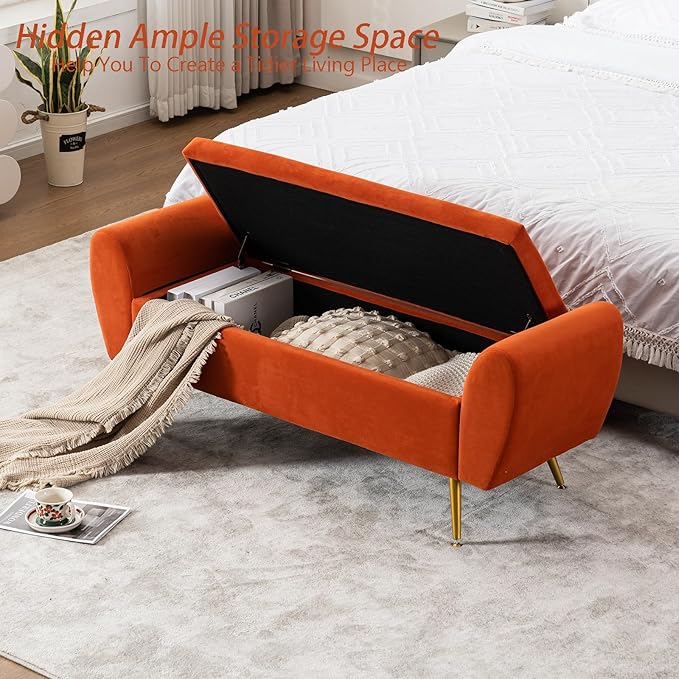 Storage Bench for Bedroom, 55" Extra Long Bench for King Size Bed, Modern Upholstered End of Bed Ottoman Bench with Arms for Entryway Living Room (Velvet, Orange)