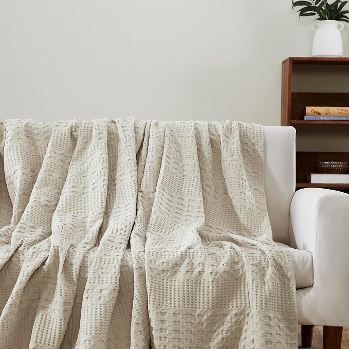 VHC Brands 100% Cotton Waffle Weave Twin Blanket 66"x90", Decorative Lightweight Spring and Summer Throw Blanket, Bedroom Decor for Bed, Couch, or Sofa, Natural