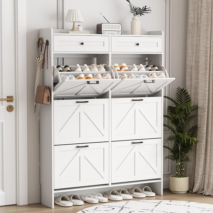 Shoe Cabinet with 6 Flip Drawers & 2 Top Drawers, 57" Tall Freestanding Narrow Wooden Shoe Storage Organizer for Entryway, Hidden Slim Shoe Rack for Front Door Entrance, Hallway, Living Room, White