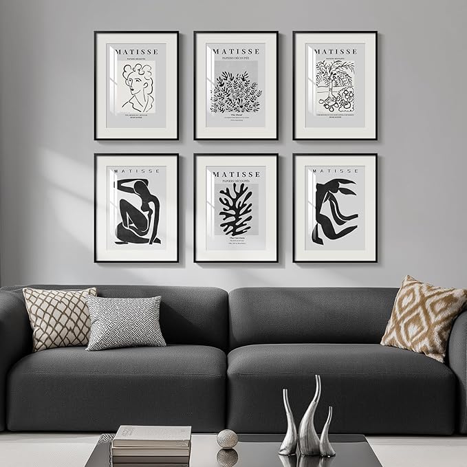 Framed Matisse Wall Art for Living Room, Set of 6 Modern Black and White Minimalist Botanical Body Line Prints for Walls, Abstract Aesthetic Pictures for Bedroom, Bathroom, Dining Room Decor, 11x14