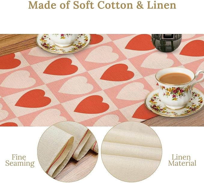 Retro Checkered Table Runner 60s 70s Vintage Colorful Groovy Hippie Heart Grid Farmhouse Country Valentines Dinner Runner for Home Kitchen Dining Table Party Holiday Decor 13"x70"