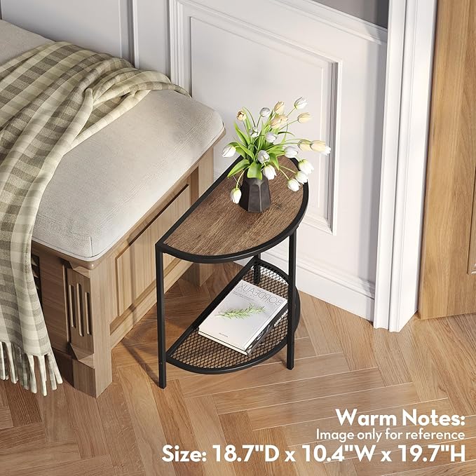 SAYGOER Small Side Table 19.7'' Half Moon Side Tables for Living Room 18.7"*10.4" Unique Modern Half Round Bed for Home Balcony 2 Tier Couch Tables with Storage Shelf, Adjustable Feet, Dark Walnut