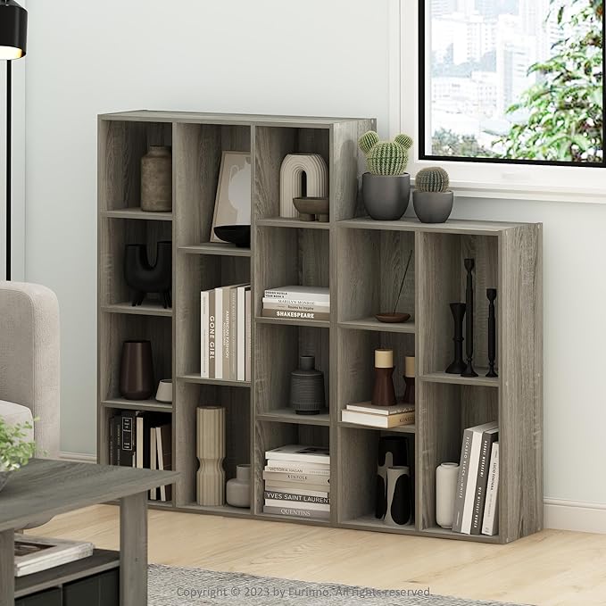 Furinno LUDER Book Shelf, 11-Cube Bookshelf, Reversible Bookcase, 9.4 x 29.1 x 41.7, Easy Assembly, for Living Room, Bedroom, Home Office, French Oak | Furinno, Luder, 11-Cube, Reversible, Open Shelf, Bookcase