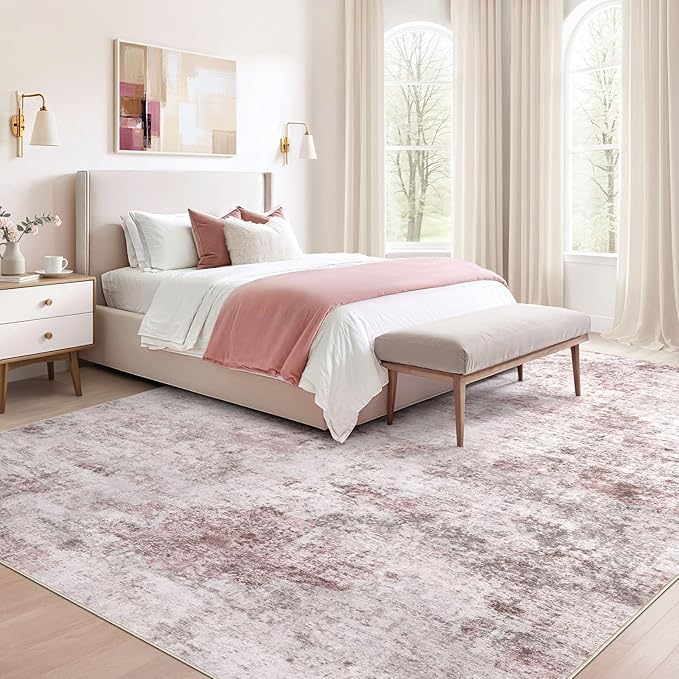 UERMEI 9x12 Washable Area Rug - Neutral Modern Abstract Living Room Rugs, Non-Slip Soft Large Indoor Floor Carpet for Bedroom Home Office & Under Dining Table Decor, Pink Grey