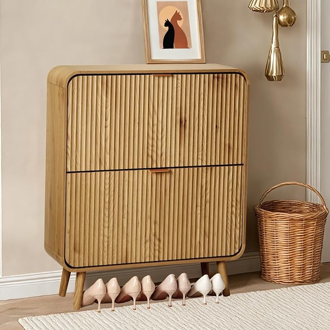 31.5" Fluted Shoe Cabinet with 2 Flip Drawers, Slim Freestanding Shoe Cabinet Organizer, Narrow Shoes Storage Rack for Entryway, Walnut