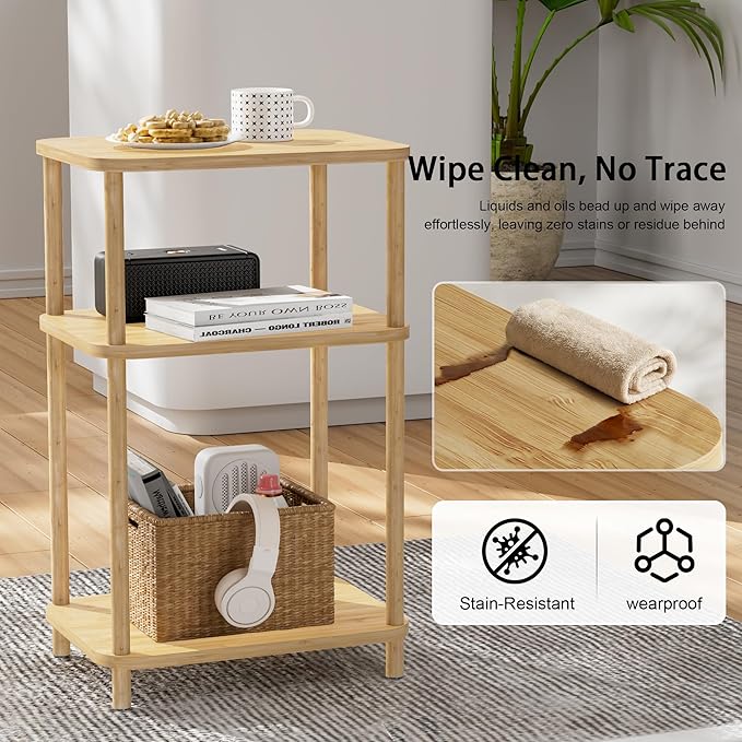 Bamboo End Table, Set of 2, Side Table for Small Space with Storage Shelf, Small Table Stand, Narrow Bedside Table Nightstand, Toolless Assembly, for Nursery, Living Room, Bedroom, Natural
