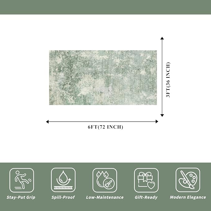 Washable Kitchen Runner Rug 3x6 - Non Slip Stain Resistant Low-Pile Thin Wide Carpet Runners for Entryway Hallway Bathroom Bedside, Modern Neutral Abstract, Sage Green, 3x6