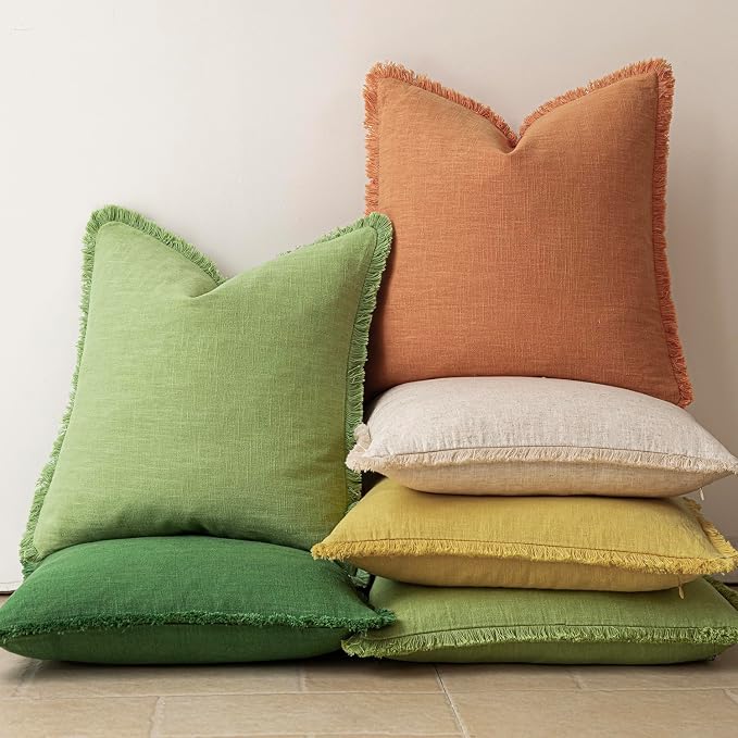 Foindtower Set of 2 Decorative Linen Fringe Throw Pillow Covers Cozy Boho Farmhouse Cushion Cover with Tassels Soft Accent Pillowcase for Couch Sofa Bed Living Room Home Decor,18×18 Inch,Dusty Orange