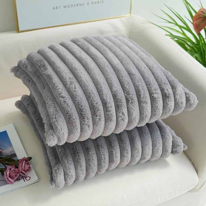 JOJUSIS Pack of 2 Faux Fur Plush Decorative Throw Pillow Covers Couch Cushion Case Soft Pillowcases (Grey, 20 x 20-Inch)