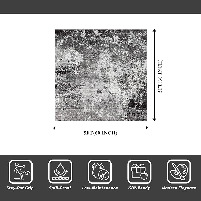5x5 Rug Square for Living Room – Machine Washable Non-Slip Area Rug for Kitchen Entryway Bathroom – Modern Neutral Abstract Soft 5ft Indoor Carpet (Black Grey, 5x5)