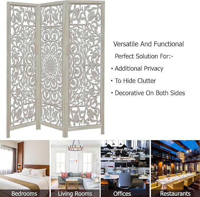 Room Divider Wood Floor Screen - Suzani White Wash 3 Folding Panel 60x72 - Hand Carved Portable Reversible Functional Decorative Screen - Freestanding Boho Small Spaces Privacy Partition -COTTON CRAFT