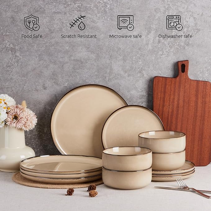 E-far 12-Piece Plates and Bowls Set, Stoneware Dinnerware Sets for 4, Reactive Glaze Ceramic Dinning Ware Dishes, Microwave & Dishwasher Safe - Sandy Beige