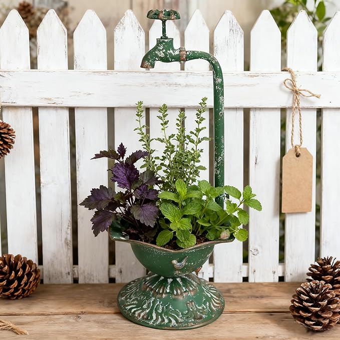 Unique Planters for Indoor Outdoor Plants, Rustic Succulent Planters, Outdoor Flower Pots, Indoor Succulent Plant Pots, Metal Tap Design, Home and Garden Decor (Green)