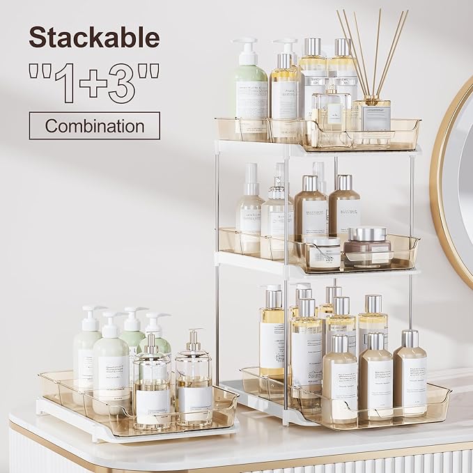 Delamu 2-Tier Multi-Purpose Bathroom Under Sink Organizers and Storage, Stackable Kitchen Pantry Organization, Pull Out Medicine Cabinet Organizer with Movable Dividers, Amber, 4 Pack