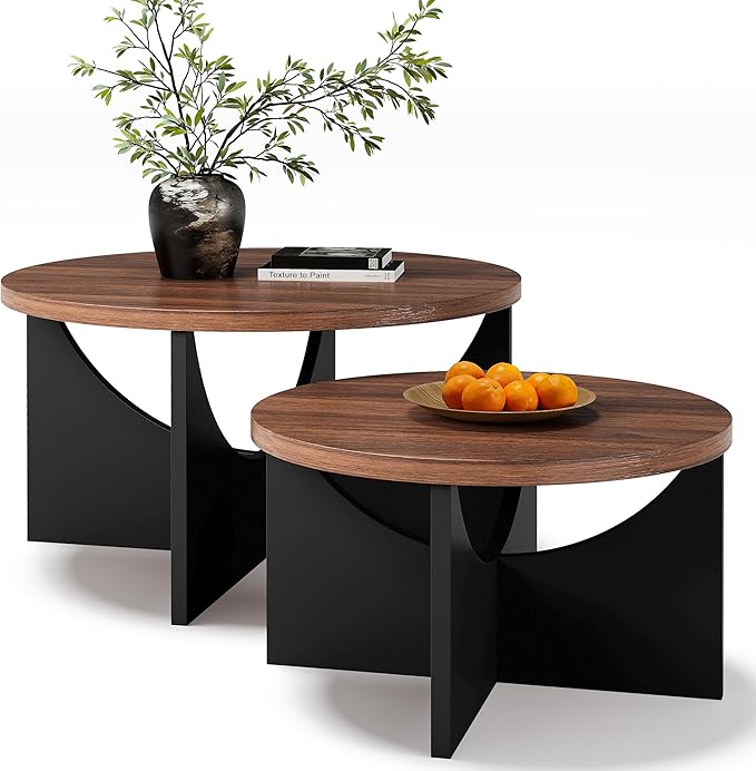 LIKIMIO Nesting Coffee Tables Set of 2, 31.5" Round Side Tables for Living Room, Wooden End Table, Walnut