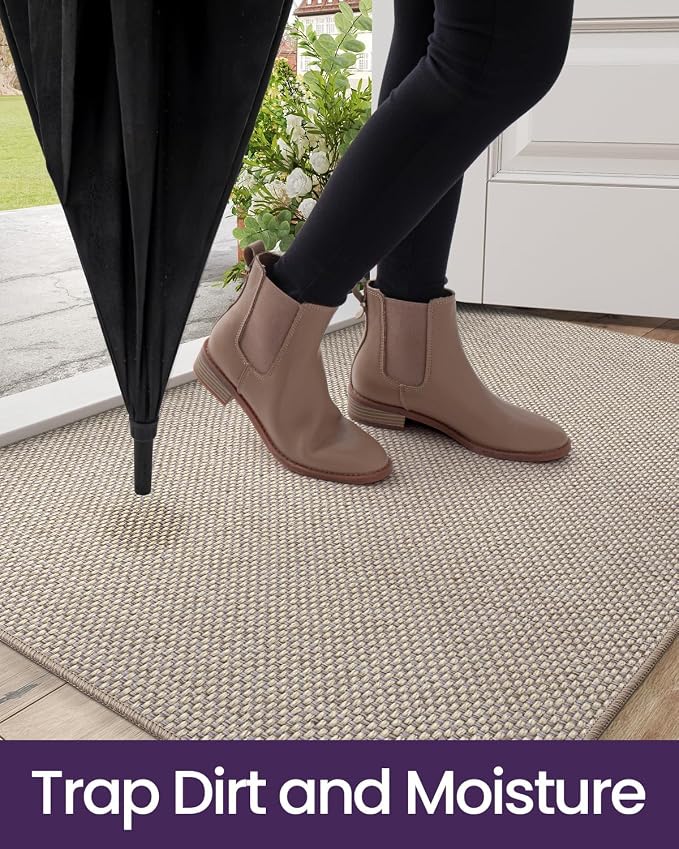 DEXI Ultra Thin Door Mat Indoor Entrance 17x30, Non Slip Rubber Backed Entryway Mats Dirt Trapper, Low Profile Front Doormat for Inside Entry, Patio, Porch, Beige