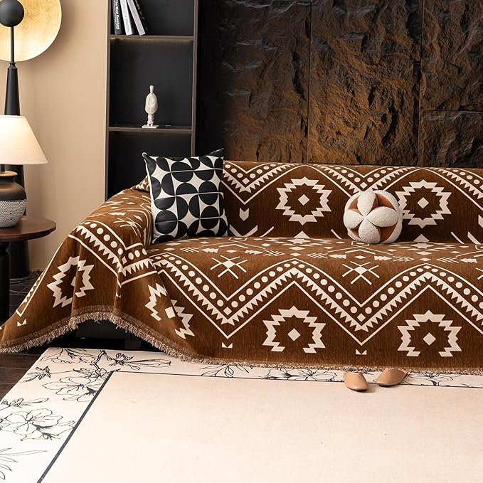 VClife Bohemian Couch Cover Aztec Geometric Chenille Sofa Cover for Sectional Couch - Brown and White Zigzag Pattern Sofa Slipcover for 2 Cushion Couch Sofa 71" X 150"