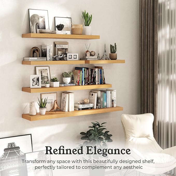 Floating Shelves for Wall, 9.3" Deep Wall Mounted Wood Shelves for Bathroom, Bedroom, Living Room, Kitchen, Hanging Shelf for Books/Storage/Room Decor (Oak, 36")