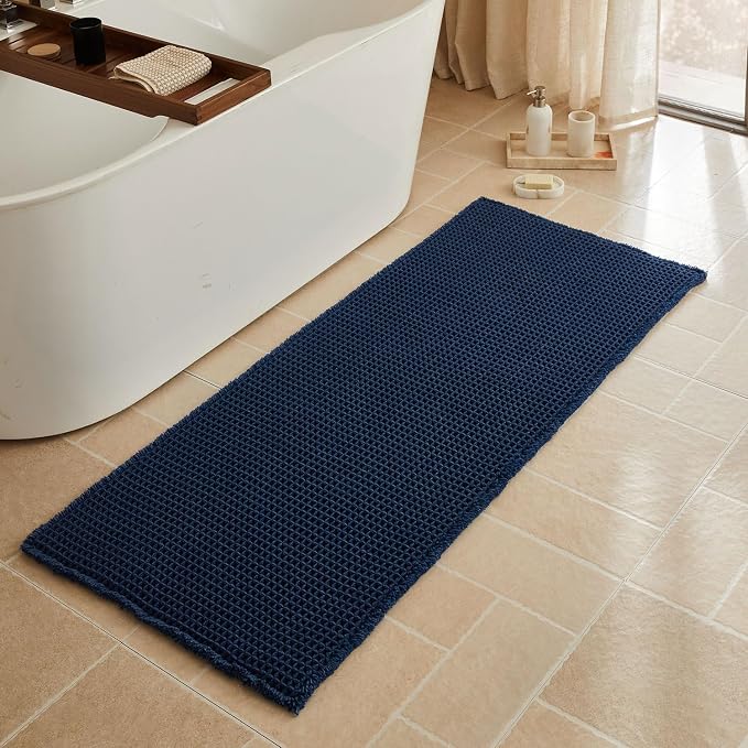 Triohero Waffle Runner Bath Mat - Long Bathroom Rugs Non Slip Washable, Ultra Soft Super Absorbent Quick Dry Boho Farmhouse Bathroom Decor, 24" x 60"', Navy Blue