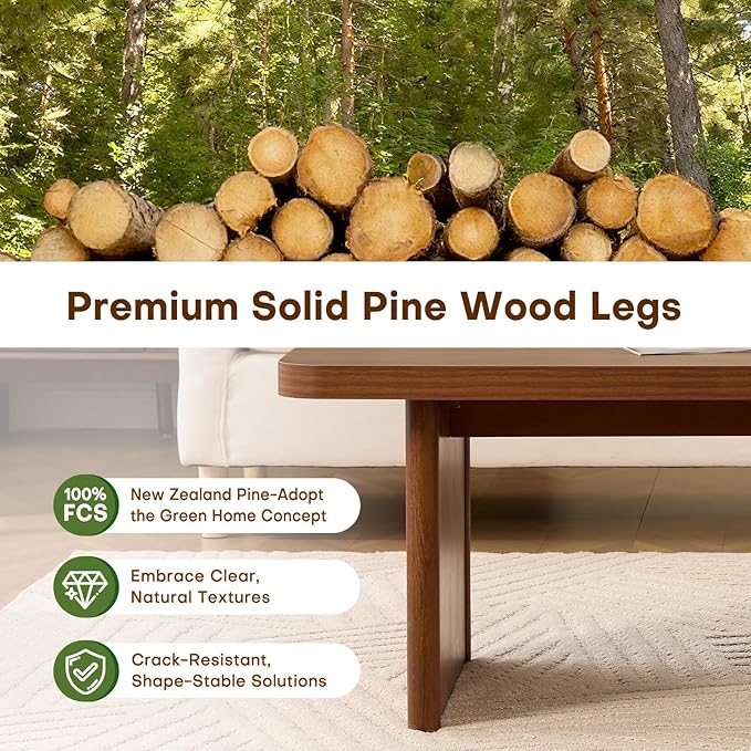 BECHAEO Modern Coffee Table, Solid Pine Wood, 47" Rectangle Center Table for Living Room, Real Wood Legs & Sturdy Base, Minimalist Rustic Coffee Table
