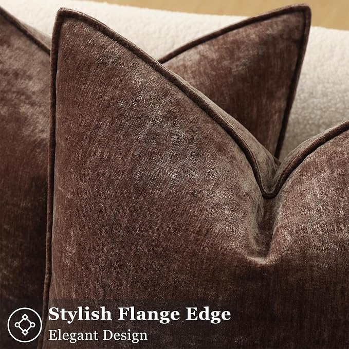 decorUhome Summer Couch Euro Sham Throw Pillow Covers 24x24 Set of 2, Decorative Soft Velvet Modern Cozy Chenille Pillow Cases with Elegant Design for Sofa Bed Living Room Home Decor, Dark Brown