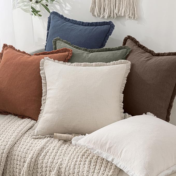 MIULEE Decorative Throw Pillow Covers Neutral Linen Fringe Throw Pillows Set of 2 Reddish Brown Boho Farmhouse Cushion Covers with Tassels for Couch Sofa Bed Living Room Spring Decor 18x18 Inch