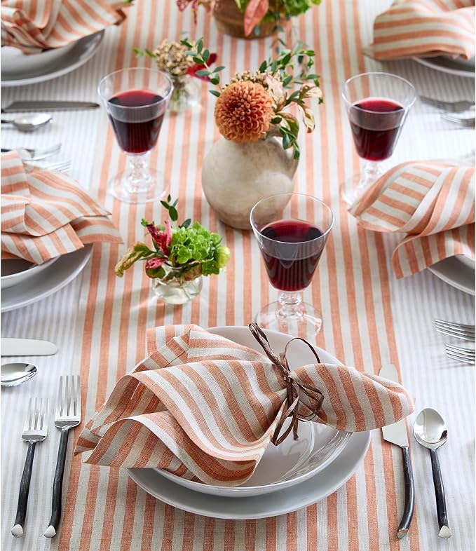 Solino Home Table Runner 90 Inches Long - Amalfi Stripe, 100% Pure Linen Pumpkin and Natural Table Runner 14 x 90 Inch for Dining