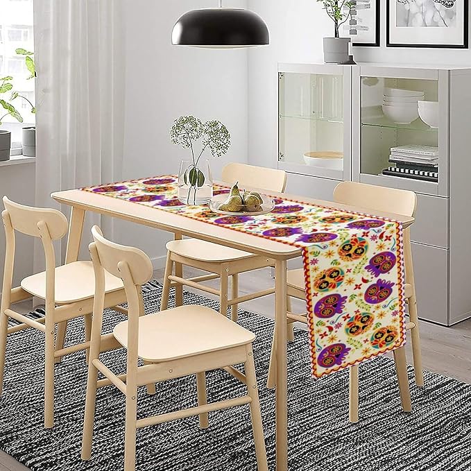 Mexican Fiesta Table Runner Decoration Skull Cinco De Mayo Dia De Los Muertos Runners Farmhouse Rustic Day of The Dead Decor Supplies for Kitchen Dining Home, 13x70 Inch White