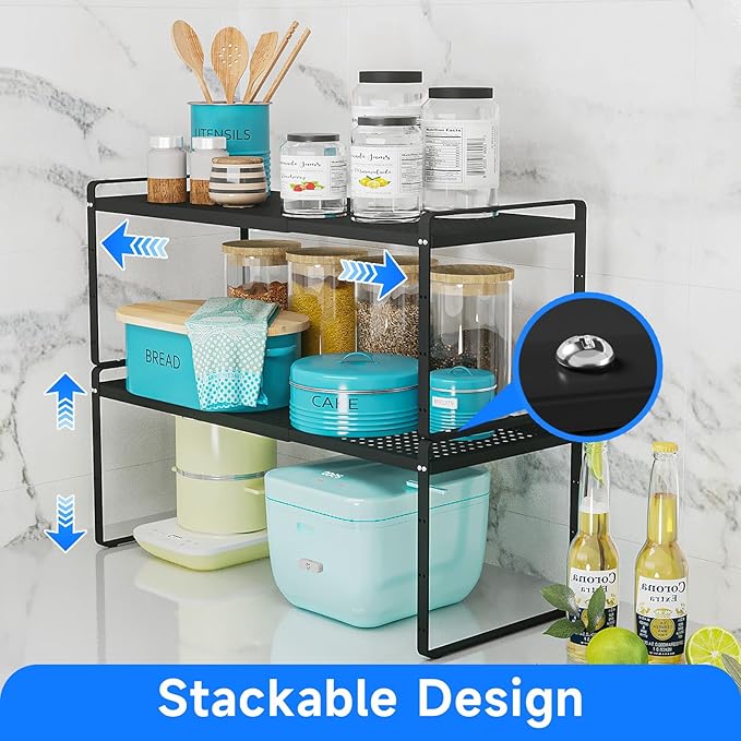 Expandable Cabinet Shelf Organizers, Kitchen Small Stand Rack Organization for Countertop Cupborad Pantry Desktop Spice Rack, Black 2 Pack